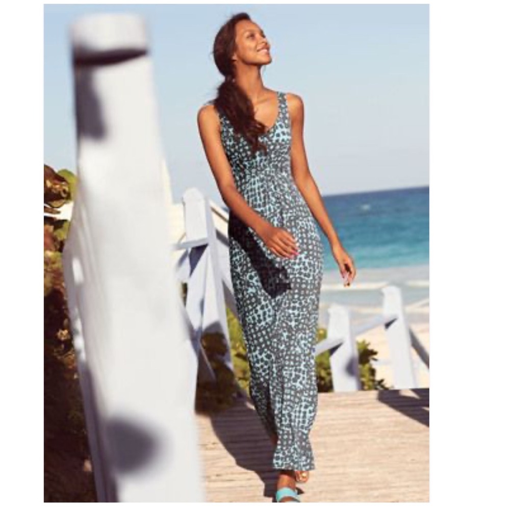 Boden Turquoise Gray animal Print Maxi Dress V-Neck Empire Waist WH605 Womens 6R